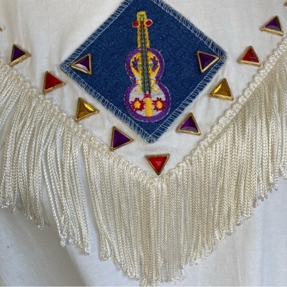 Vintage 90s Gepetto Western Fringe Bejeweled T-Shirt White Single Stitch Sz L - Picture 7 of 16
